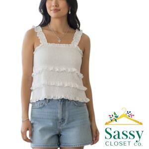 Crave Fame White Tank Top Ruffle Straps Smocked Bodice XS NWT